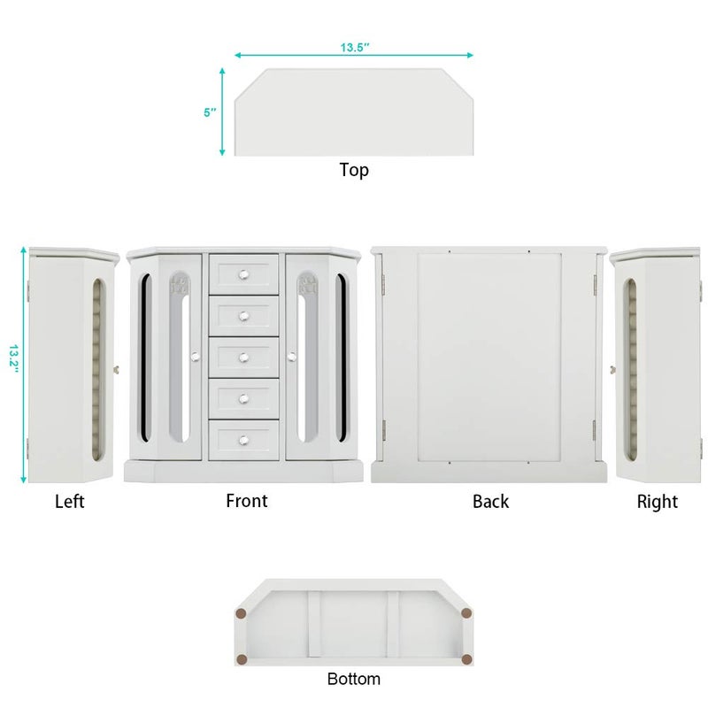 RR ROUND RICH DESIGN Jewelry Box - Made of Solid Wood with Cabinet Type 5 Drawers Organizer and 2 Separated Open Doors on 2 Sides and Large Mirror White - Image 5